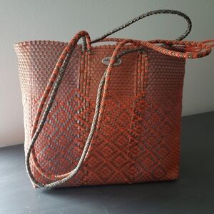 Handmade Orange Plastic Woven Tote Bag